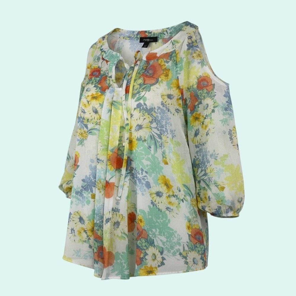 Amywear Women's Blouse Floral Multi L Cold Shoulder V-Neck Tie Chiffon 3/4